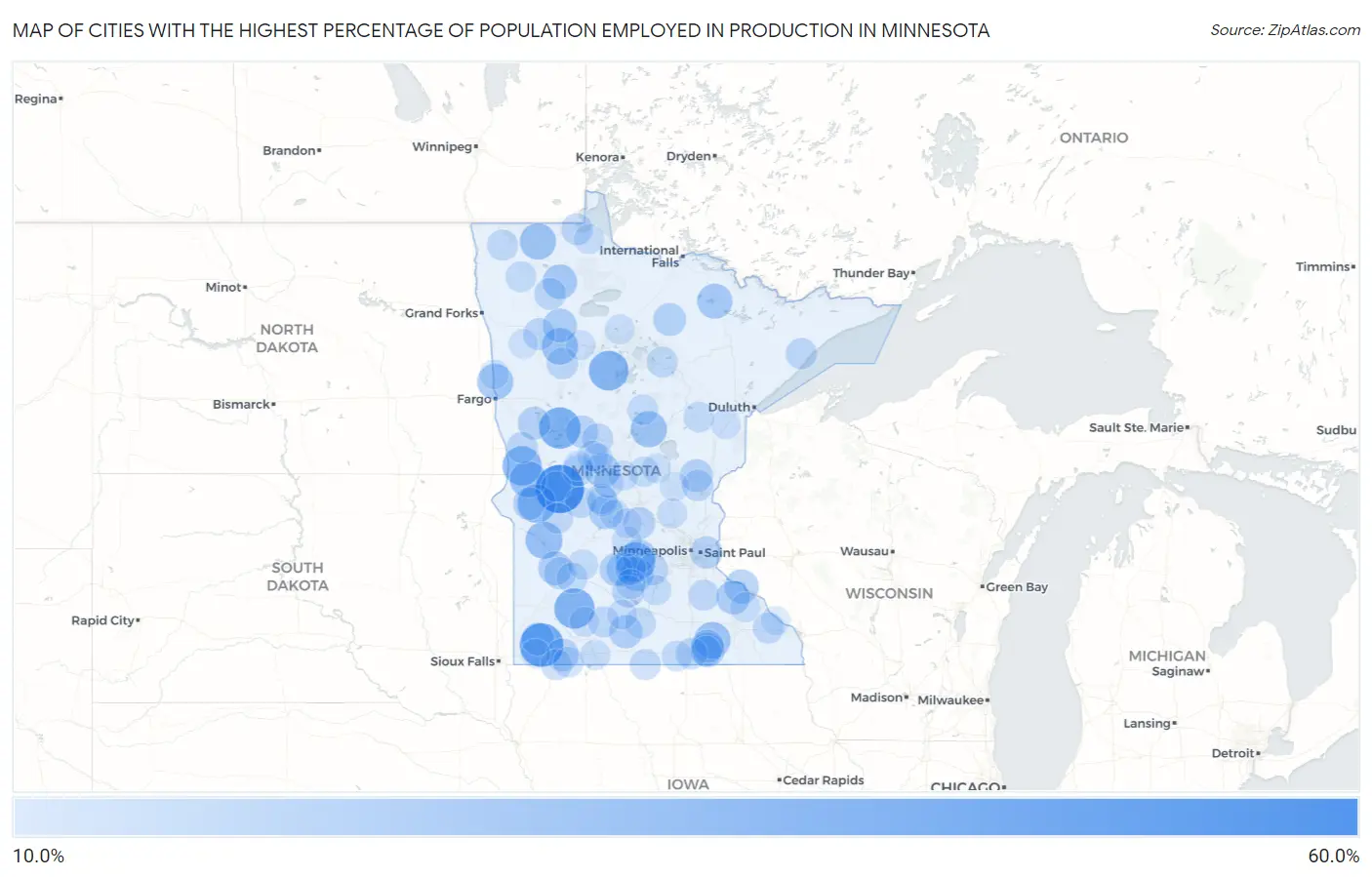 Cities with the Highest Percentage of Population Employed in Production in Minnesota Map