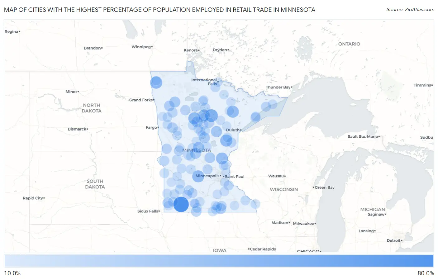 Cities with the Highest Percentage of Population Employed in Retail Trade in Minnesota Map