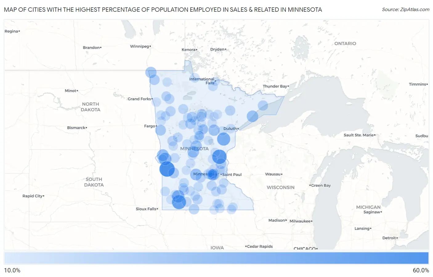 Cities with the Highest Percentage of Population Employed in Sales & Related in Minnesota Map