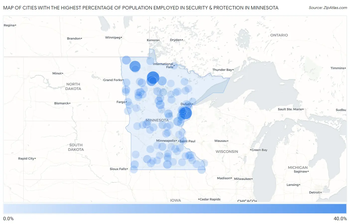 Cities with the Highest Percentage of Population Employed in Security & Protection in Minnesota Map