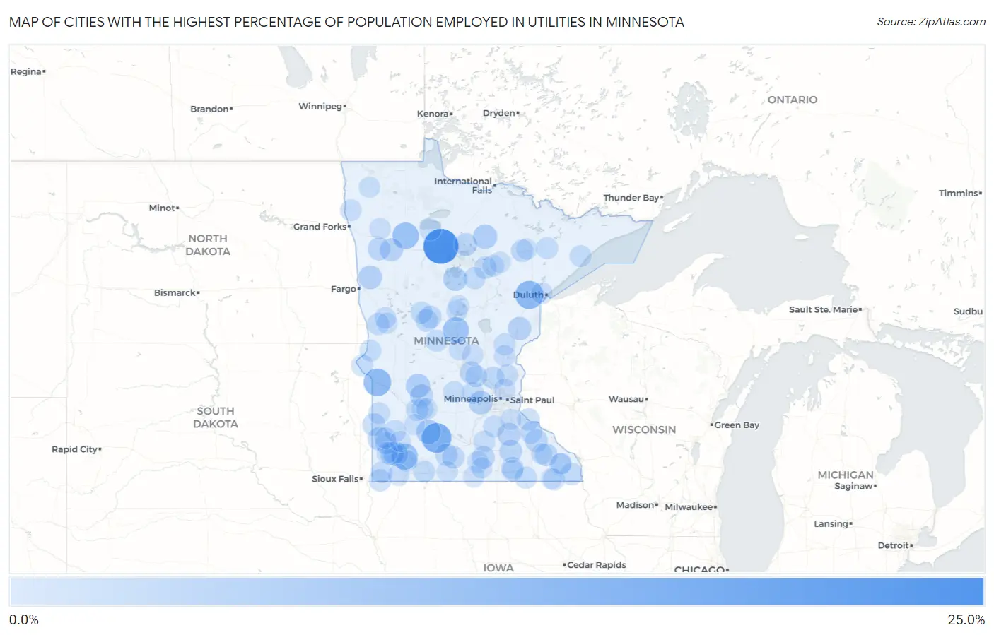 Cities with the Highest Percentage of Population Employed in Utilities in Minnesota Map