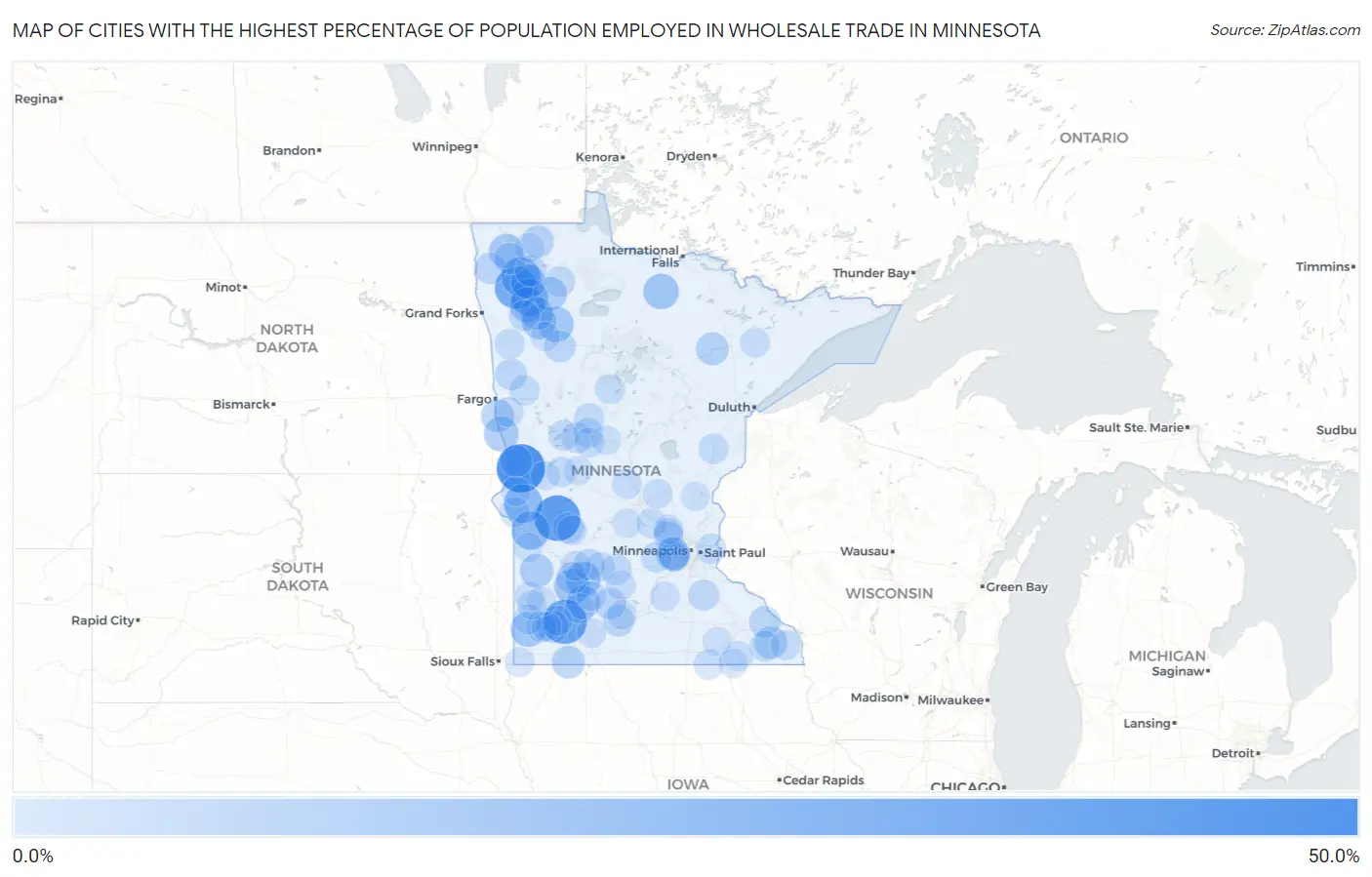 Cities with the Highest Percentage of Population Employed in Wholesale Trade in Minnesota Map