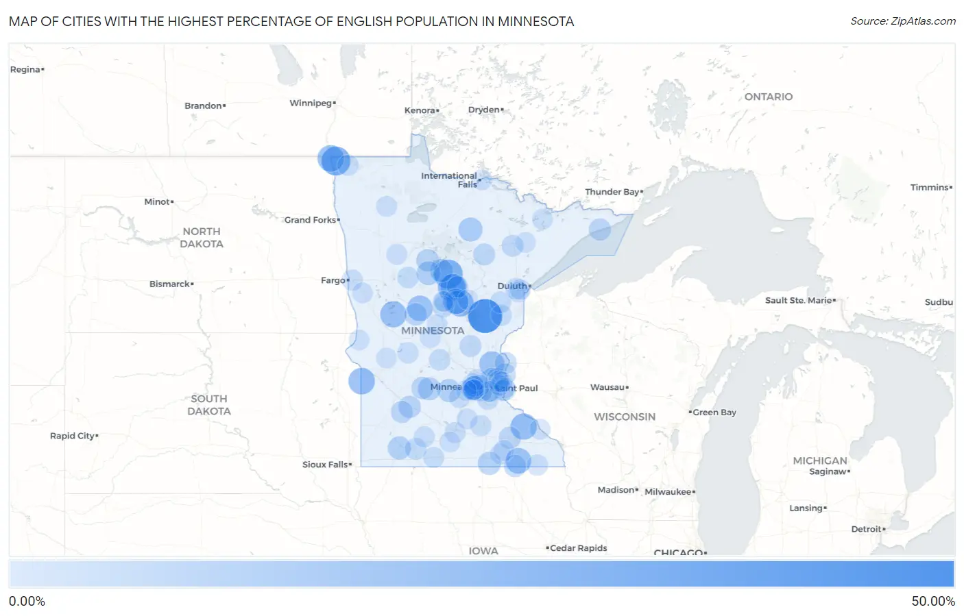 Cities with the Highest Percentage of English Population in Minnesota Map