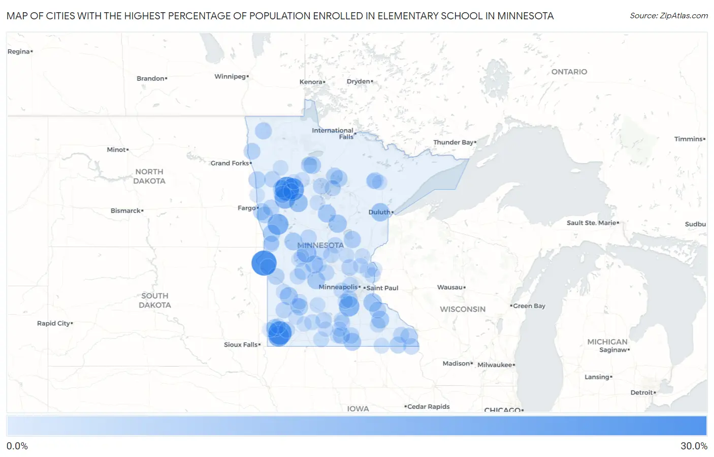 Cities with the Highest Percentage of Population Enrolled in Elementary School in Minnesota Map