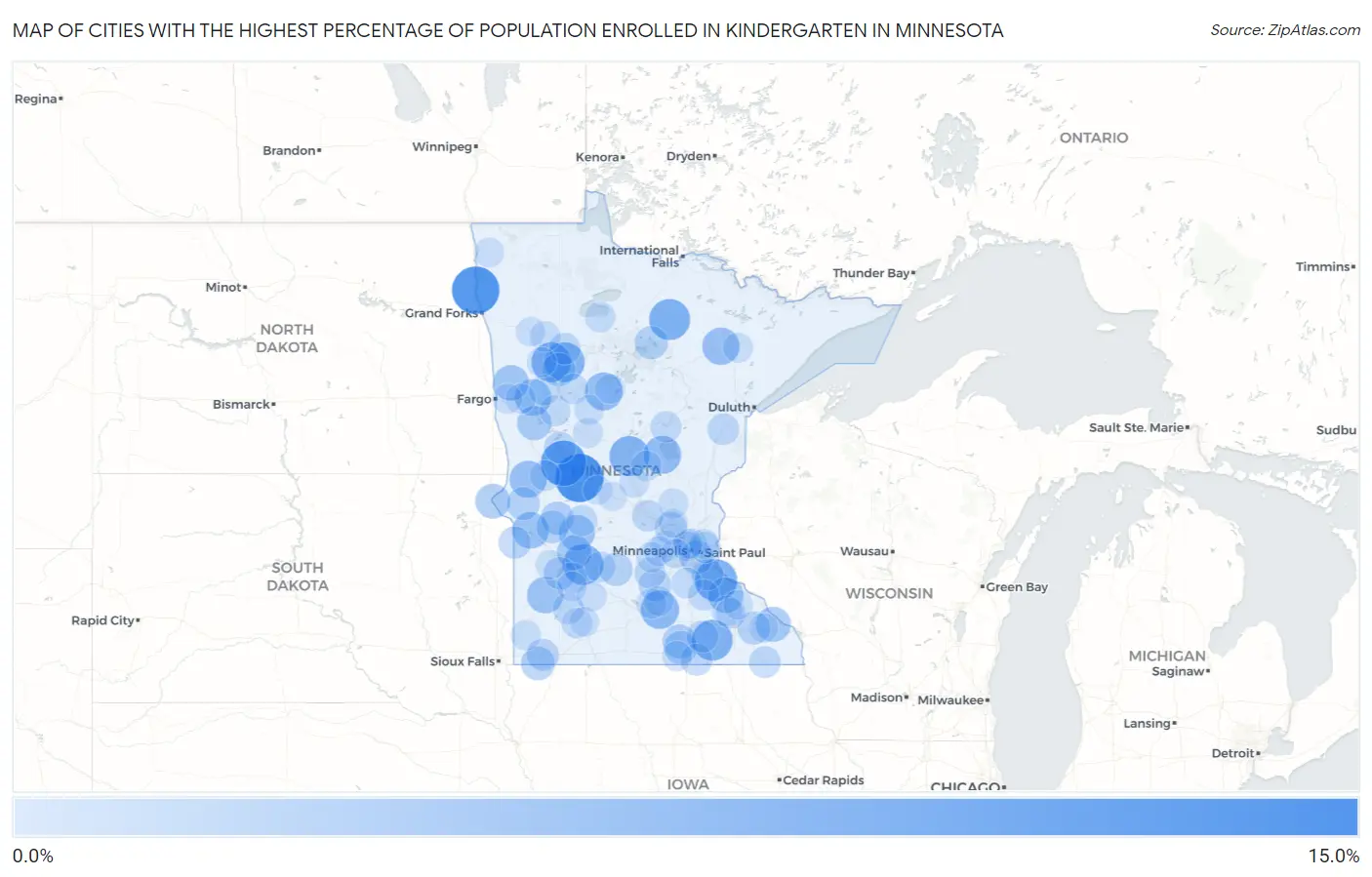 Cities with the Highest Percentage of Population Enrolled in Kindergarten in Minnesota Map