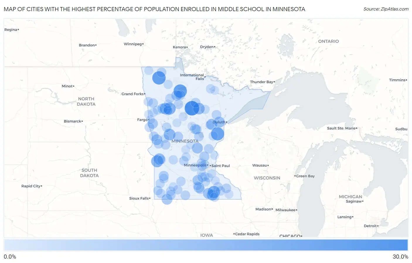 Cities with the Highest Percentage of Population Enrolled in Middle School in Minnesota Map