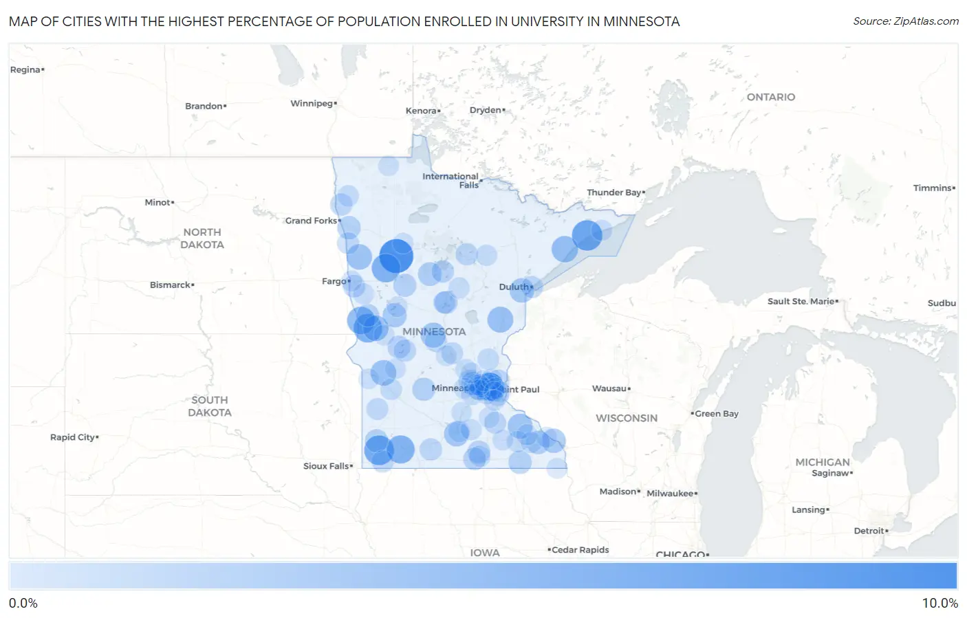 Cities with the Highest Percentage of Population Enrolled in University in Minnesota Map
