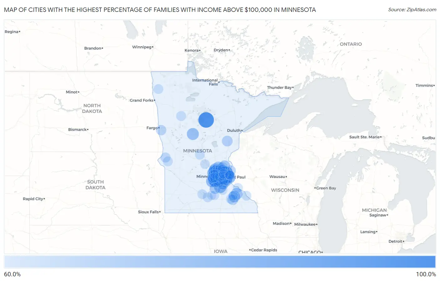Cities with the Highest Percentage of Families with Income Above $100,000 in Minnesota Map