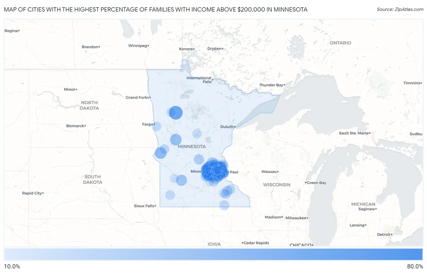 Cities with the Highest Percentage of Families with Income Above $200,000 in Minnesota Map