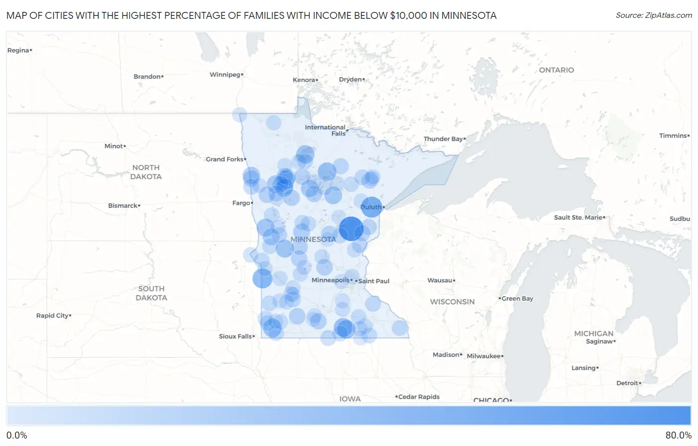 Cities with the Highest Percentage of Families with Income Below $10,000 in Minnesota Map