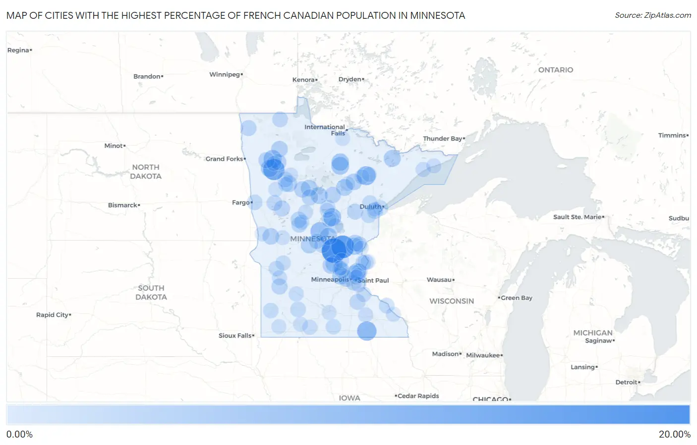 Cities with the Highest Percentage of French Canadian Population in Minnesota Map