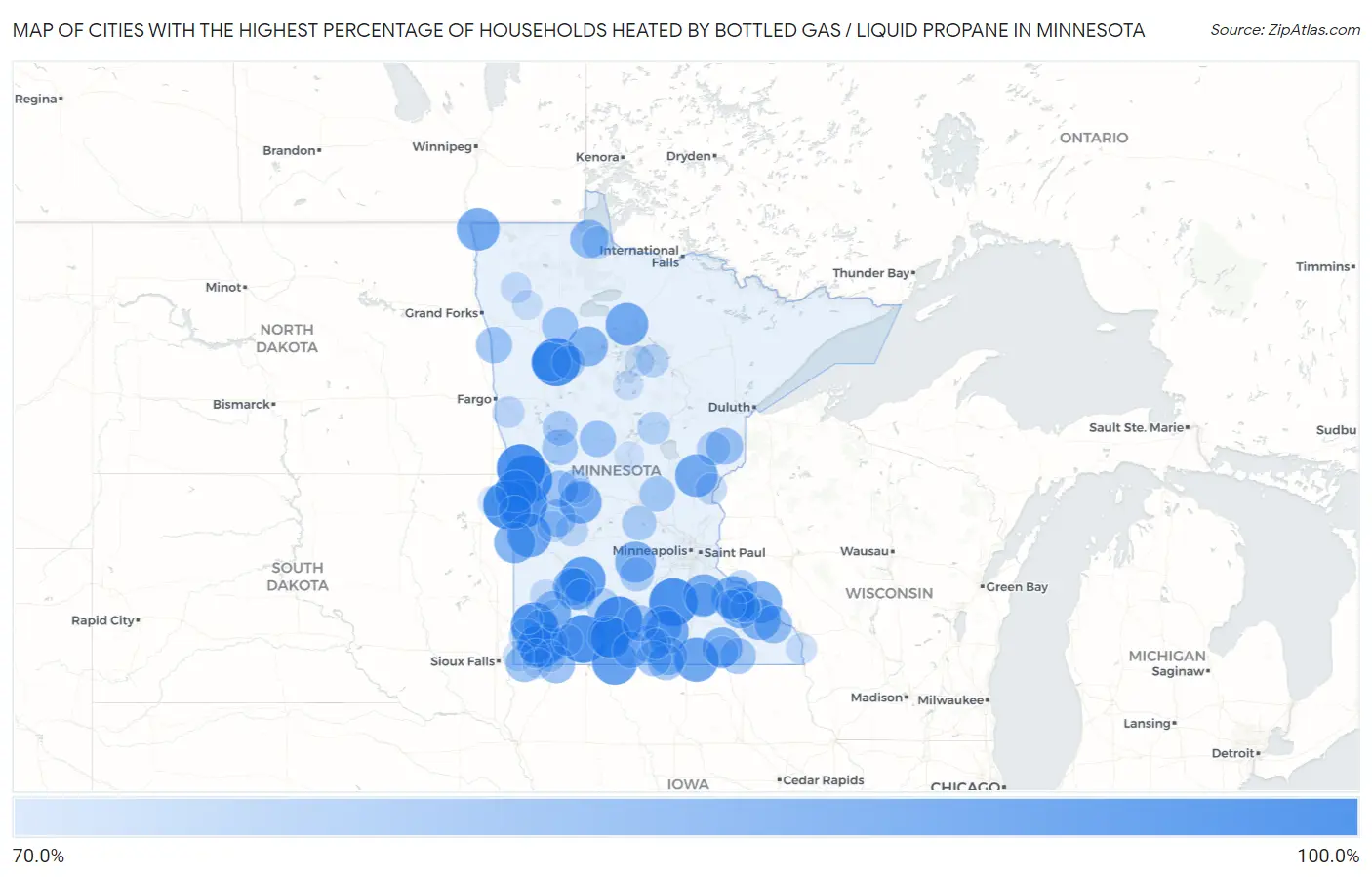 Cities with the Highest Percentage of Households Heated by Bottled Gas / Liquid Propane in Minnesota Map