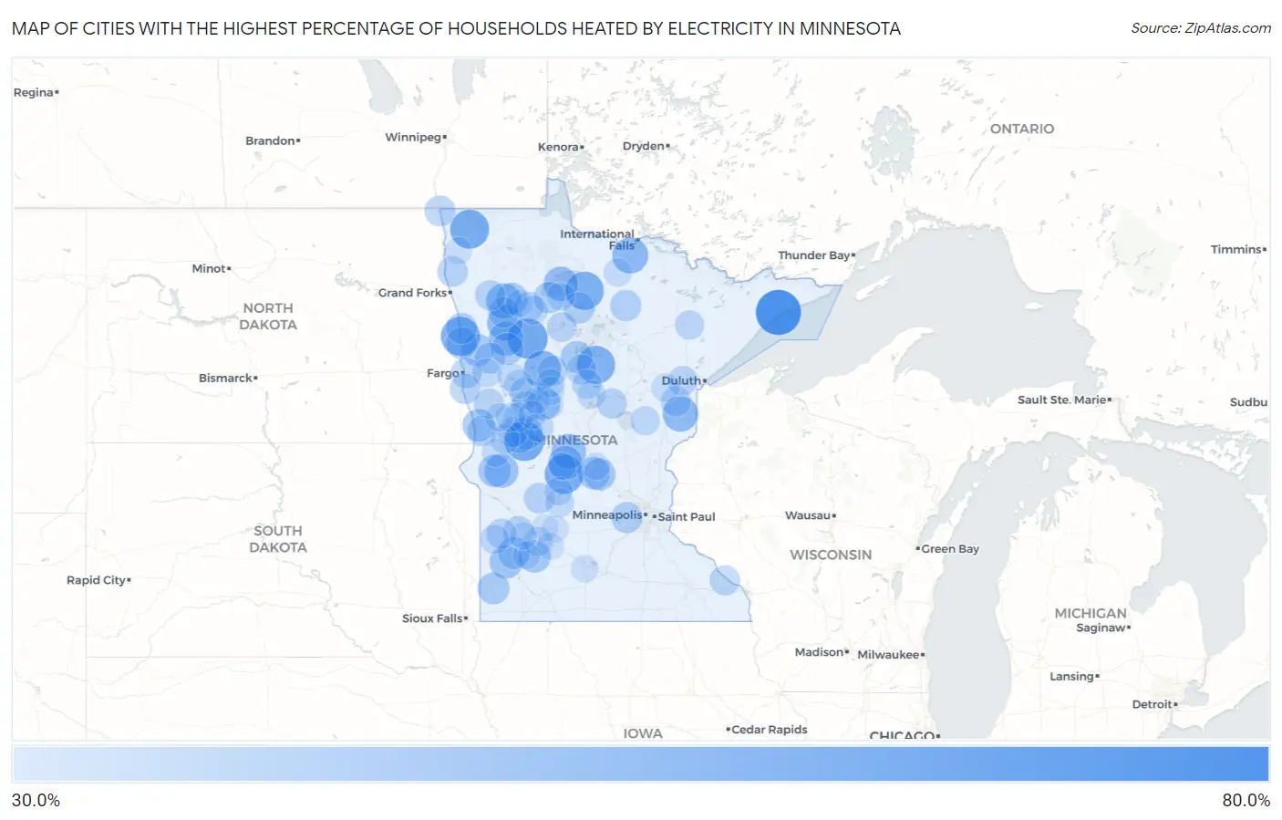 Cities with the Highest Percentage of Households Heated by Electricity in Minnesota Map