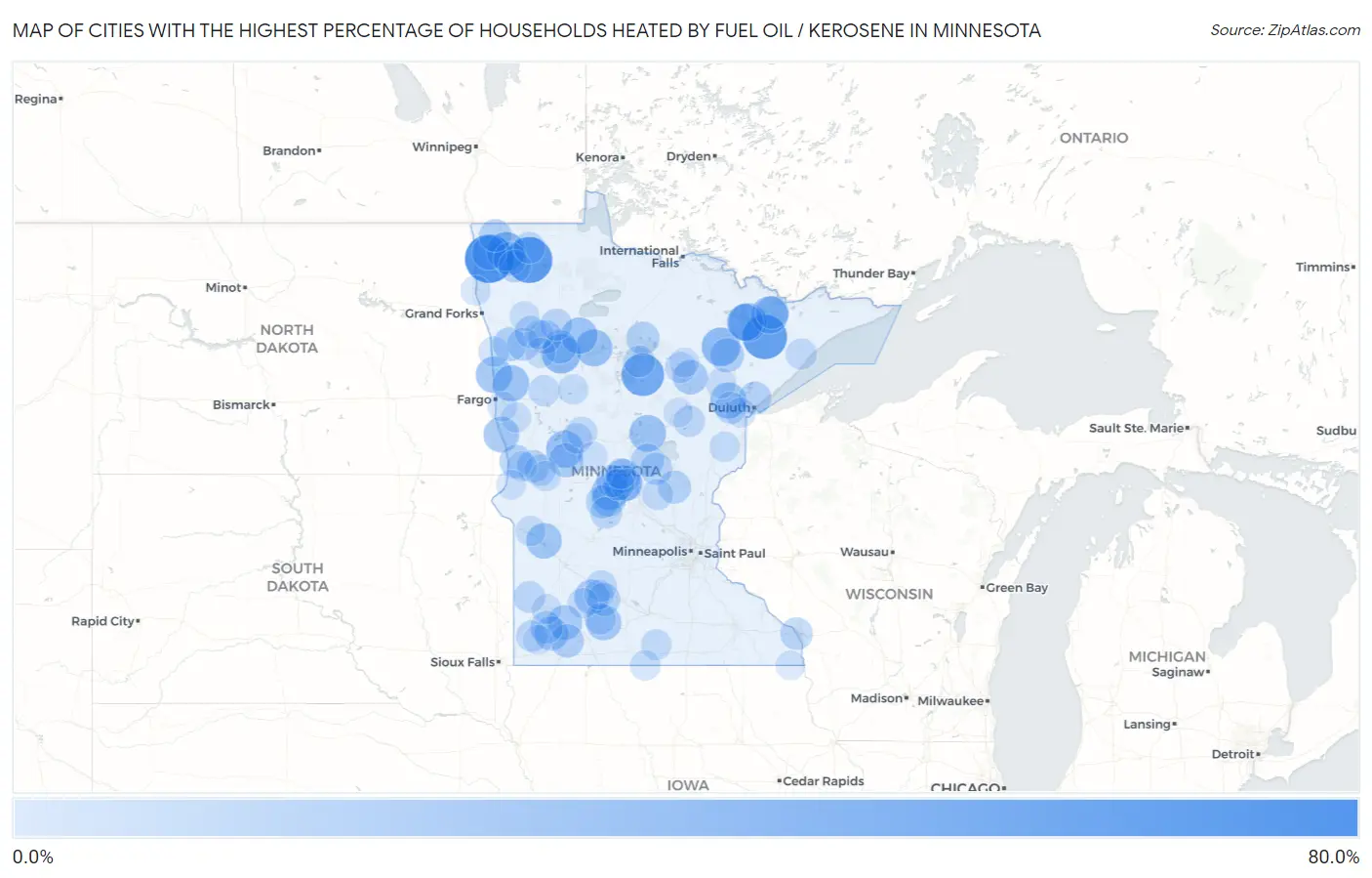 Cities with the Highest Percentage of Households Heated by Fuel Oil / Kerosene in Minnesota Map