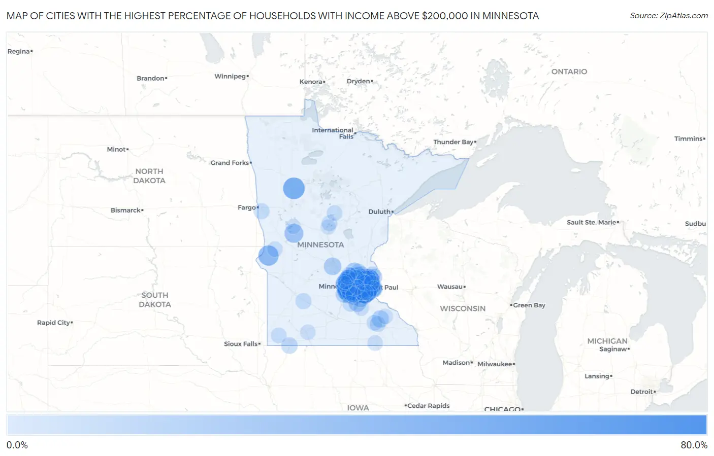 Cities with the Highest Percentage of Households with Income Above $200,000 in Minnesota Map