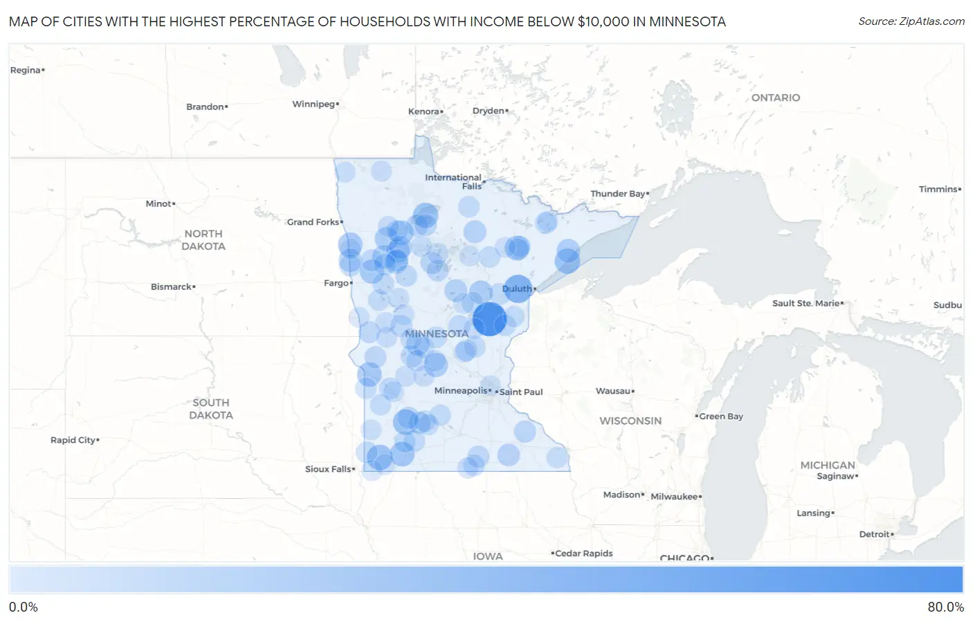 Cities with the Highest Percentage of Households with Income Below $10,000 in Minnesota Map