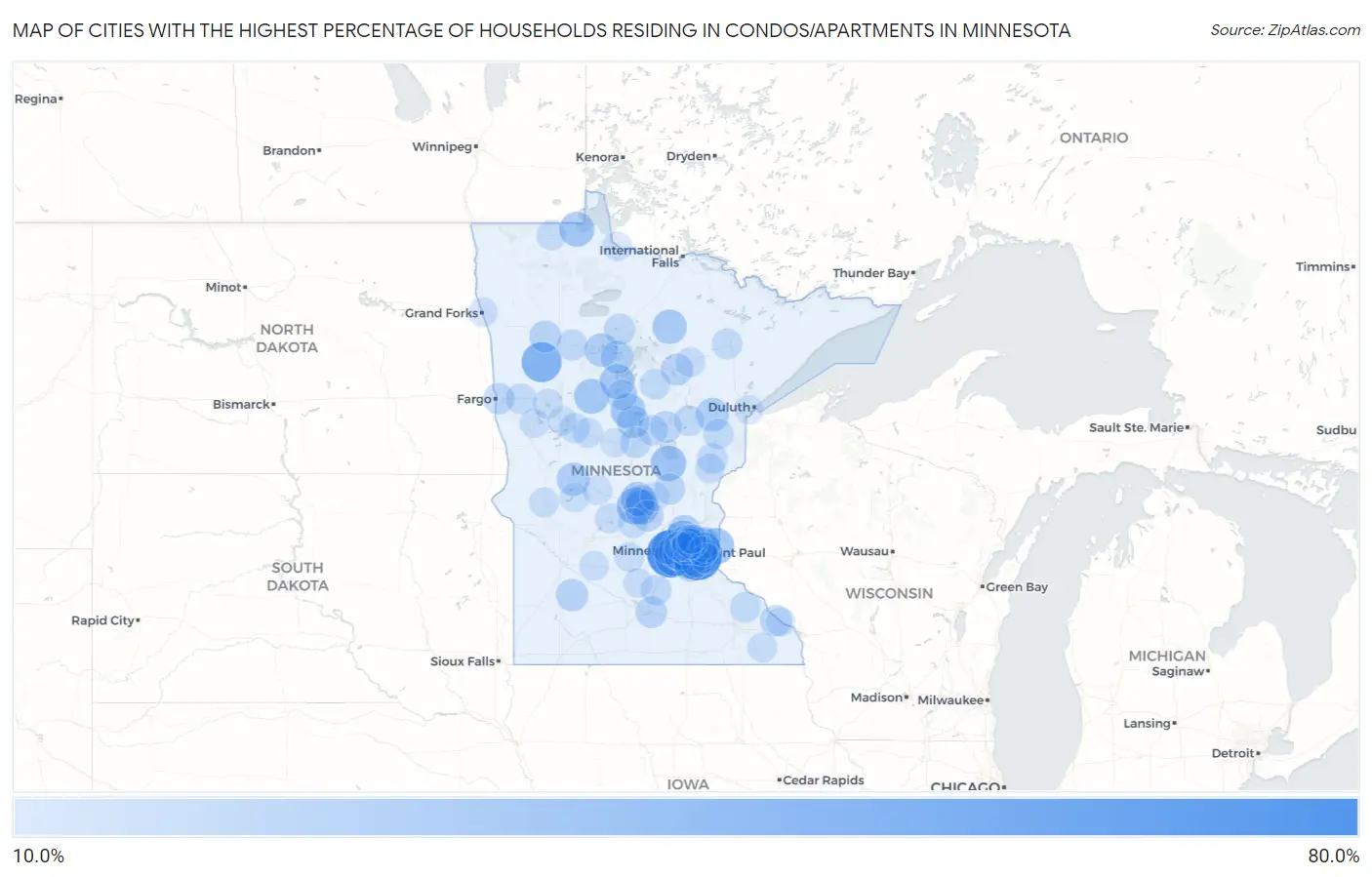 Cities with the Highest Percentage of Households Residing in Condos/Apartments in Minnesota Map