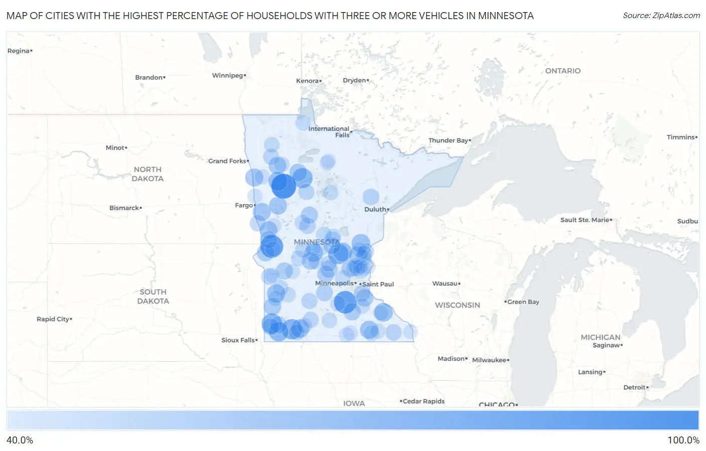 Cities with the Highest Percentage of Households With Three or more Vehicles in Minnesota Map