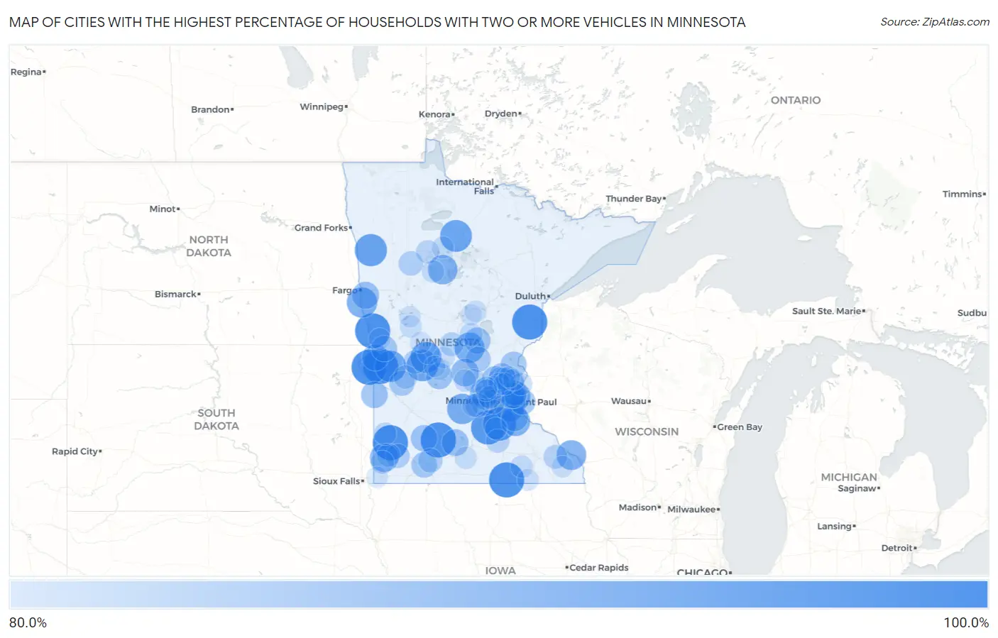 Cities with the Highest Percentage of Households With Two or more Vehicles in Minnesota Map