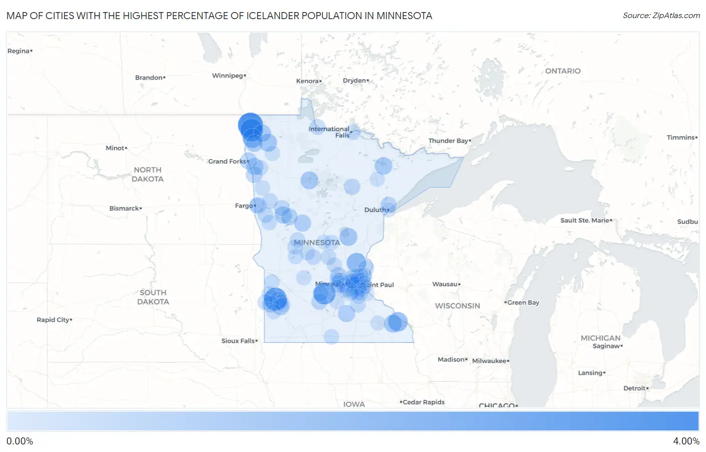 Cities with the Highest Percentage of Icelander Population in Minnesota Map