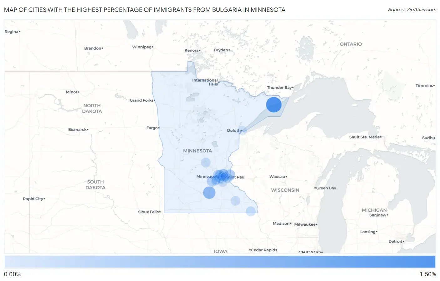 Cities with the Highest Percentage of Immigrants from Bulgaria in Minnesota Map