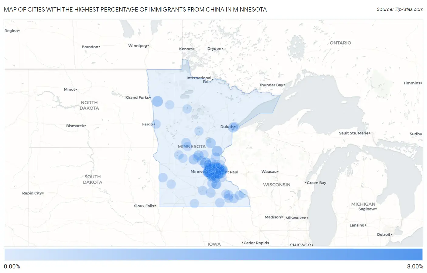 Cities with the Highest Percentage of Immigrants from China in Minnesota Map