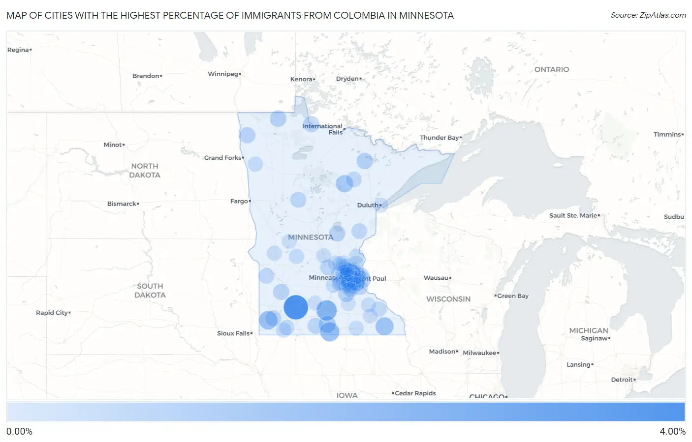 Cities with the Highest Percentage of Immigrants from Colombia in Minnesota Map