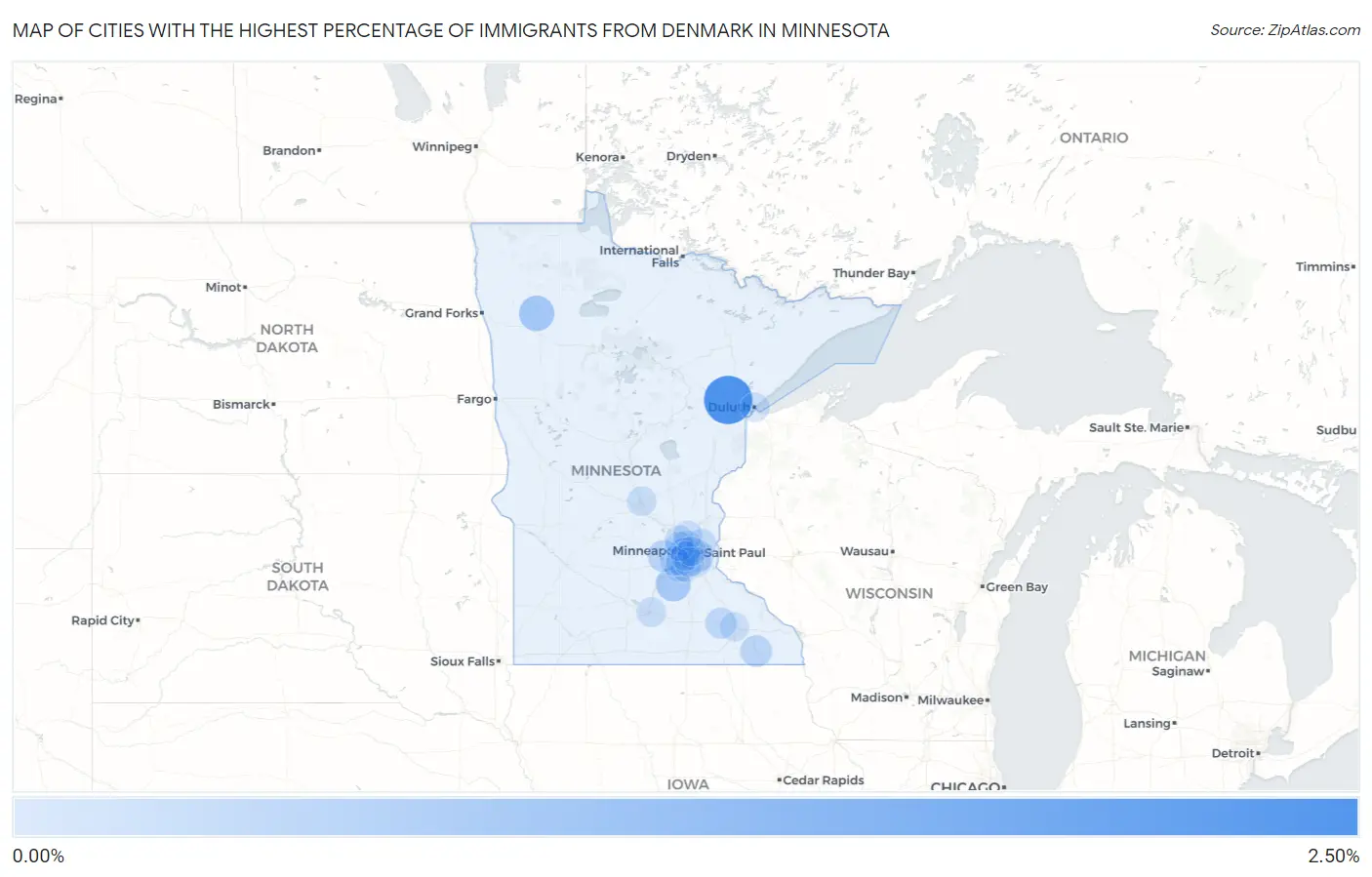 Cities with the Highest Percentage of Immigrants from Denmark in Minnesota Map