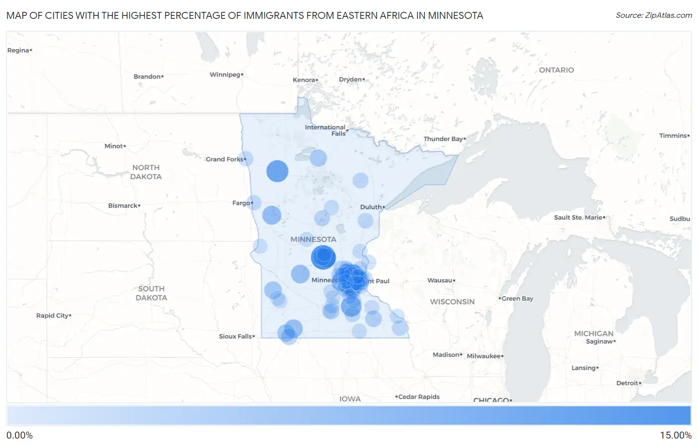 Cities with the Highest Percentage of Immigrants from Eastern Africa in Minnesota Map