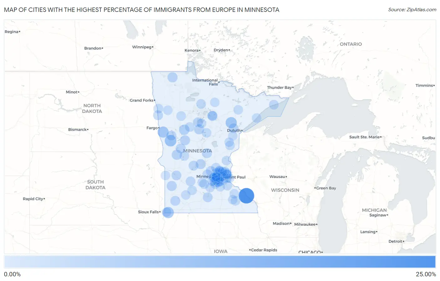 Cities with the Highest Percentage of Immigrants from Europe in Minnesota Map