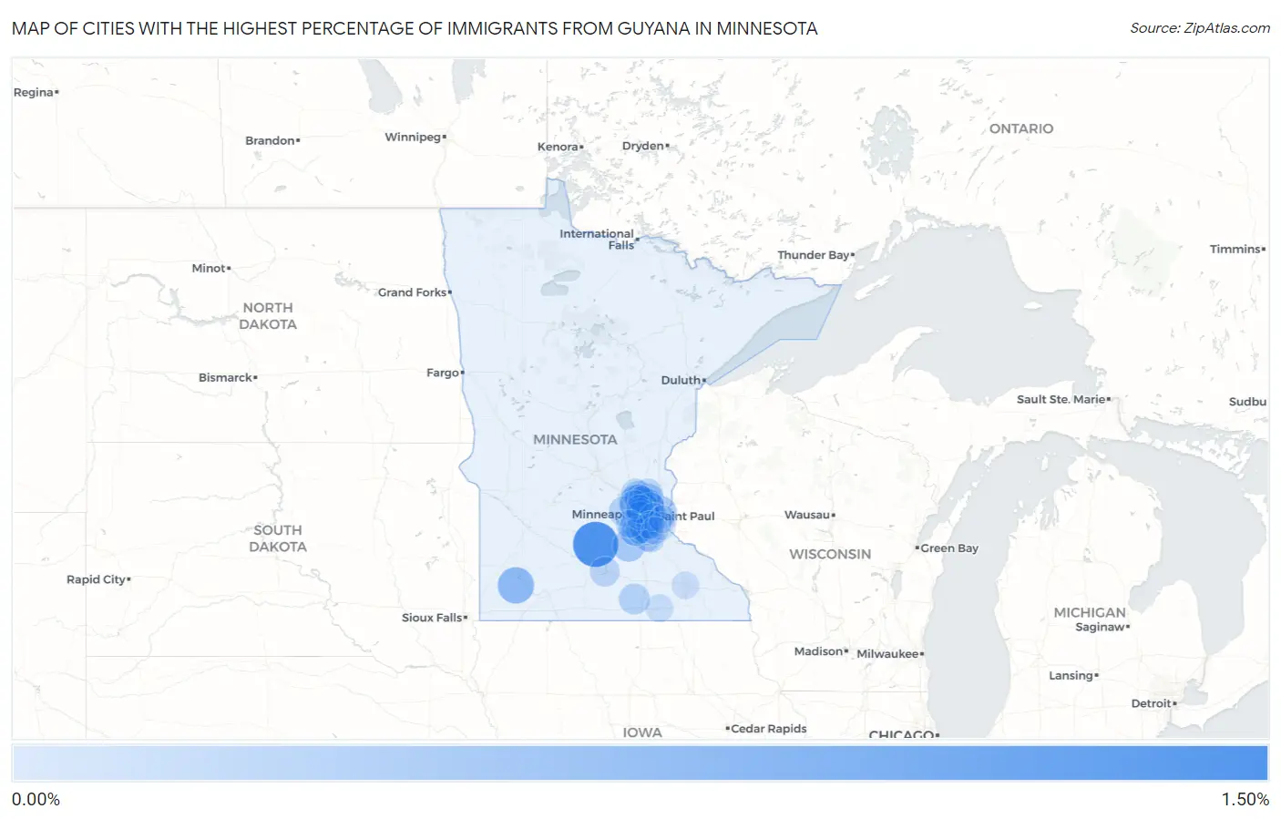 Cities with the Highest Percentage of Immigrants from Guyana in Minnesota Map