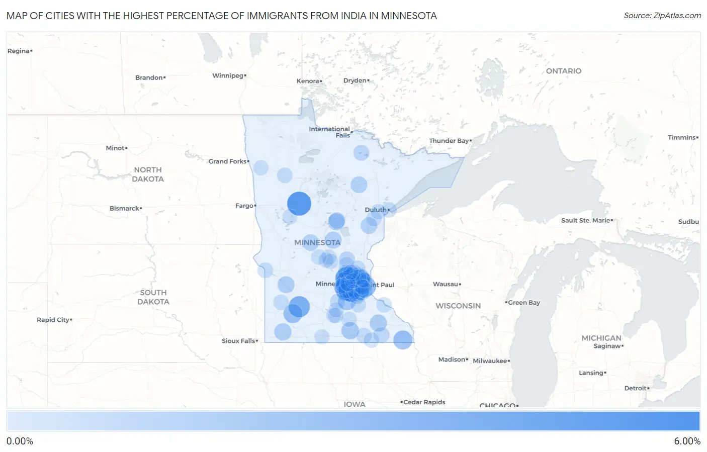 Cities with the Highest Percentage of Immigrants from India in Minnesota Map