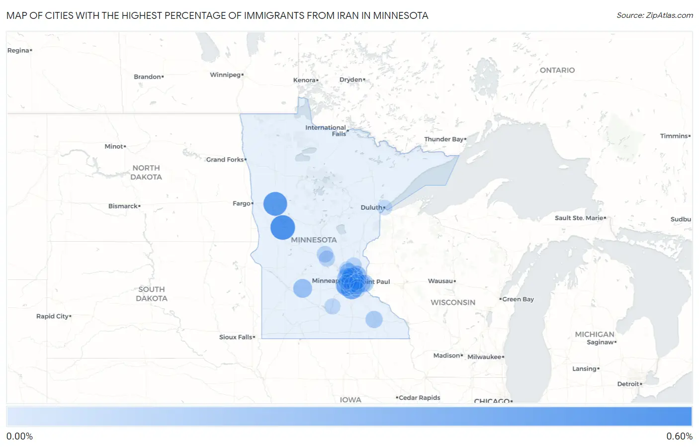 Cities with the Highest Percentage of Immigrants from Iran in Minnesota Map