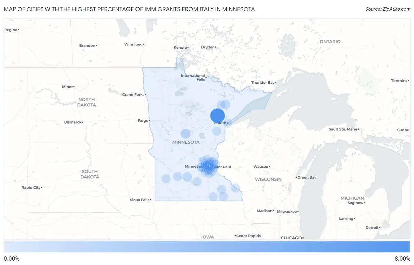 Cities with the Highest Percentage of Immigrants from Italy in Minnesota Map