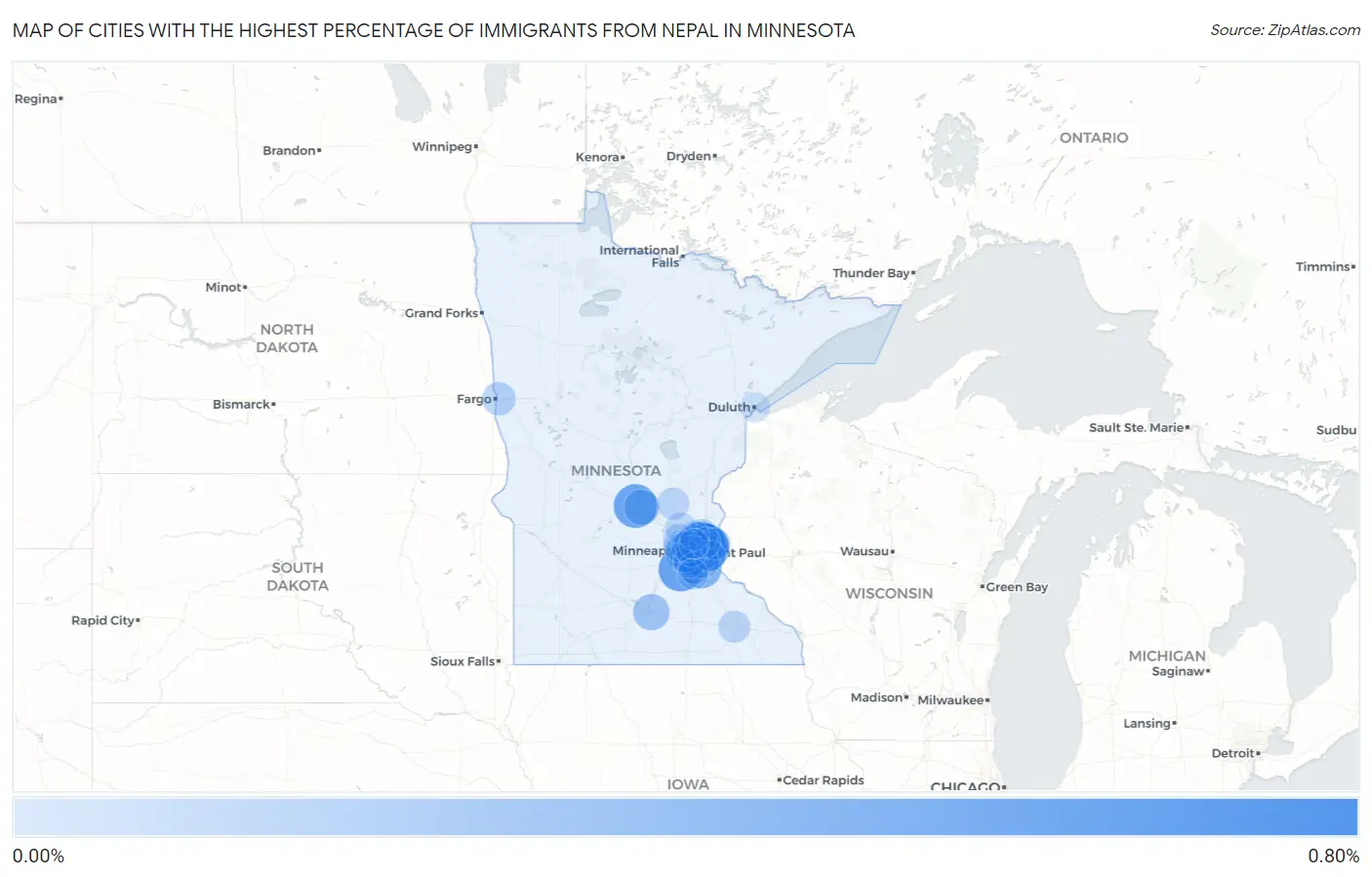 Cities with the Highest Percentage of Immigrants from Nepal in Minnesota Map
