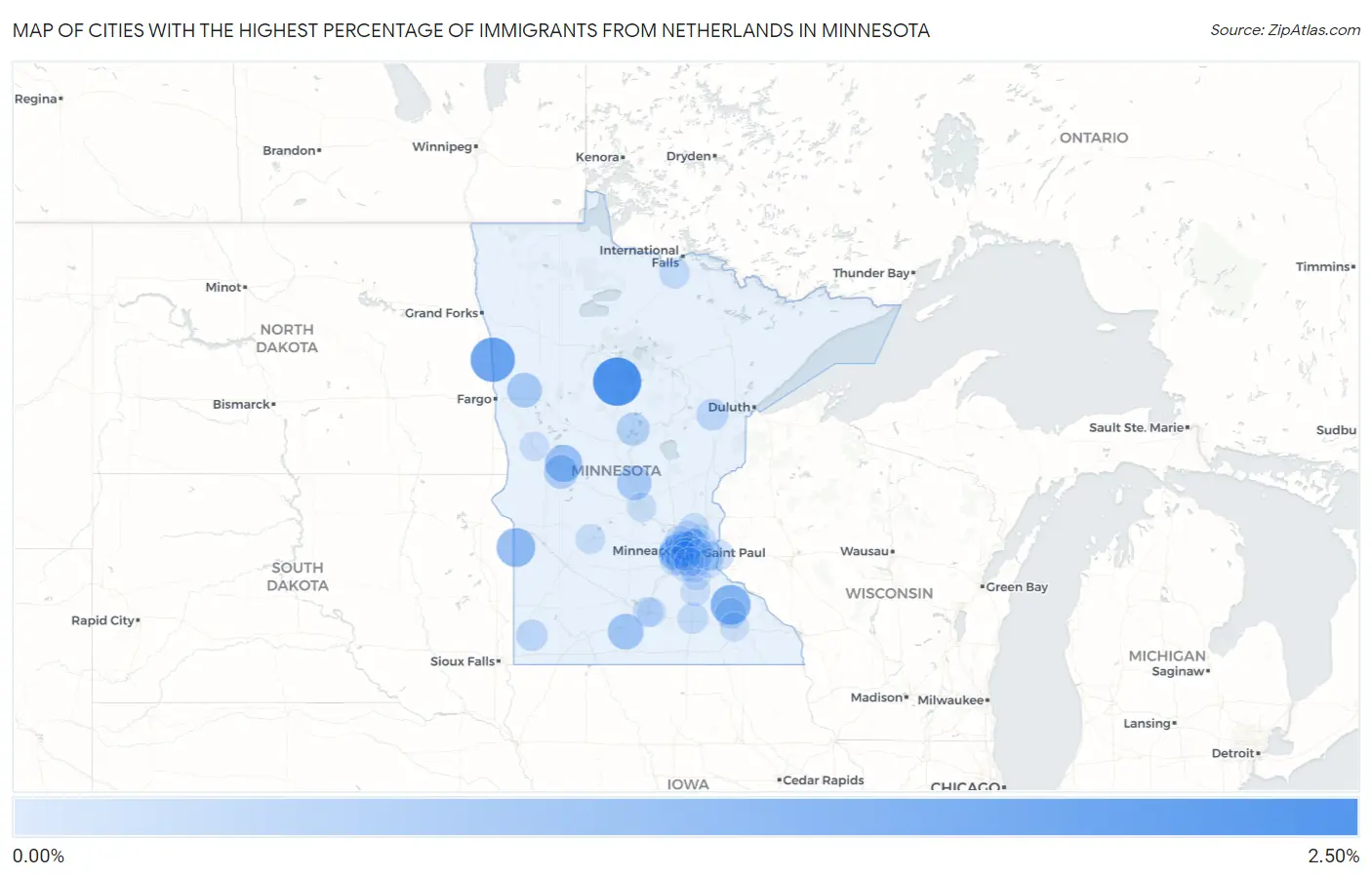 Cities with the Highest Percentage of Immigrants from Netherlands in Minnesota Map