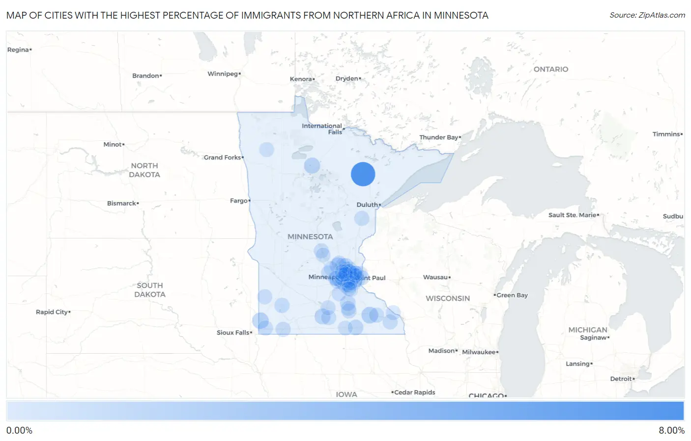 Cities with the Highest Percentage of Immigrants from Northern Africa in Minnesota Map