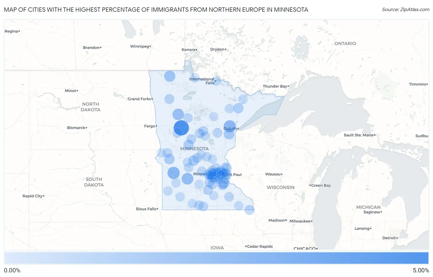 Cities with the Highest Percentage of Immigrants from Northern Europe in Minnesota Map