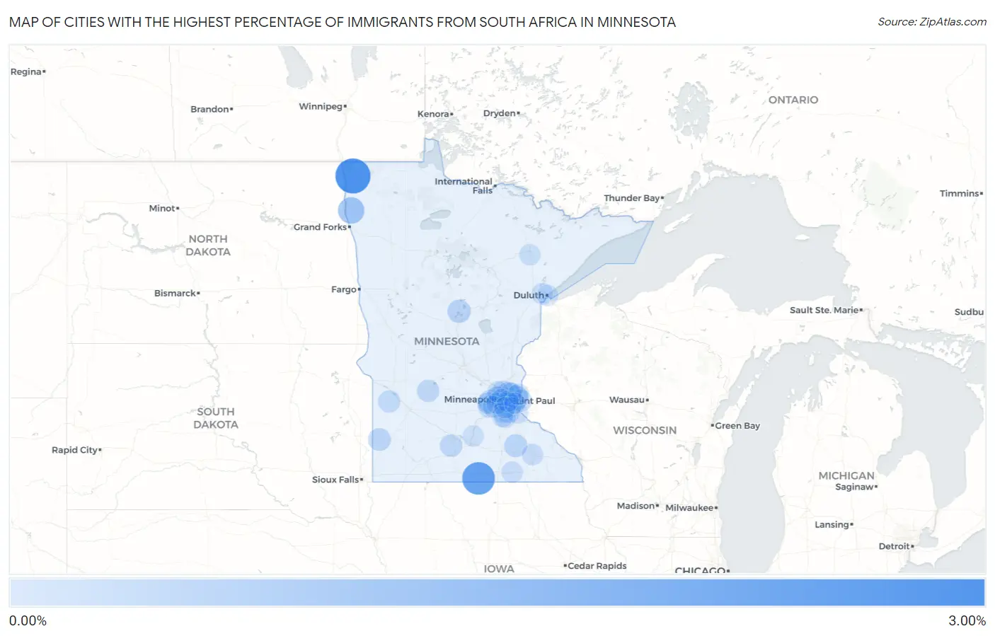 Cities with the Highest Percentage of Immigrants from South Africa in Minnesota Map