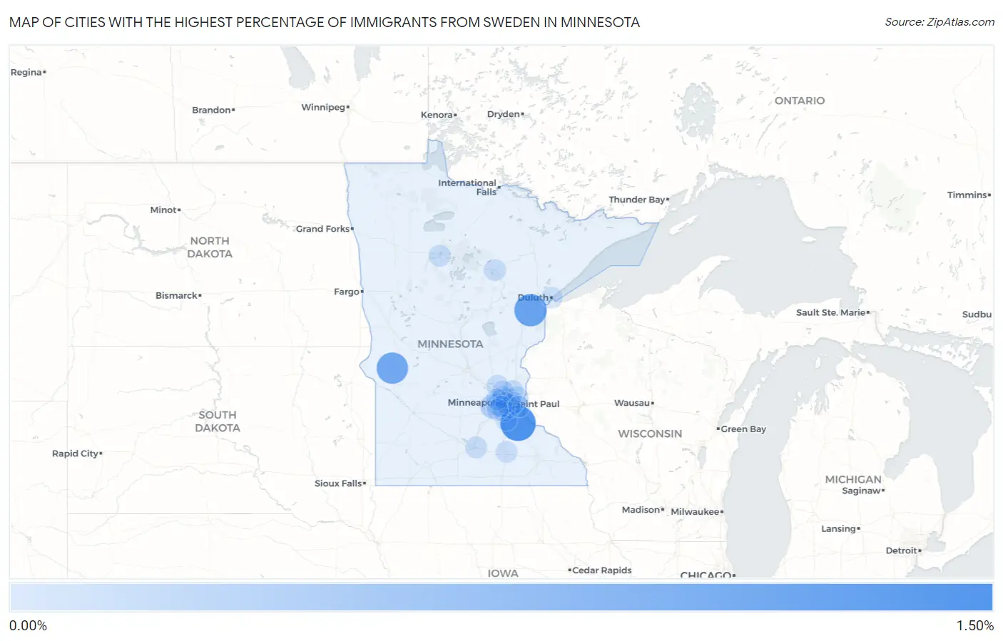Cities with the Highest Percentage of Immigrants from Sweden in Minnesota Map