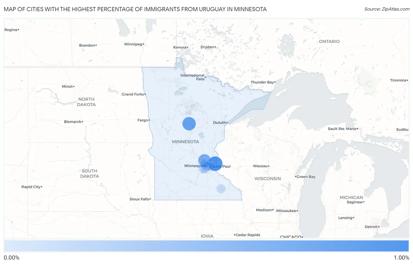 Cities with the Highest Percentage of Immigrants from Uruguay in Minnesota Map