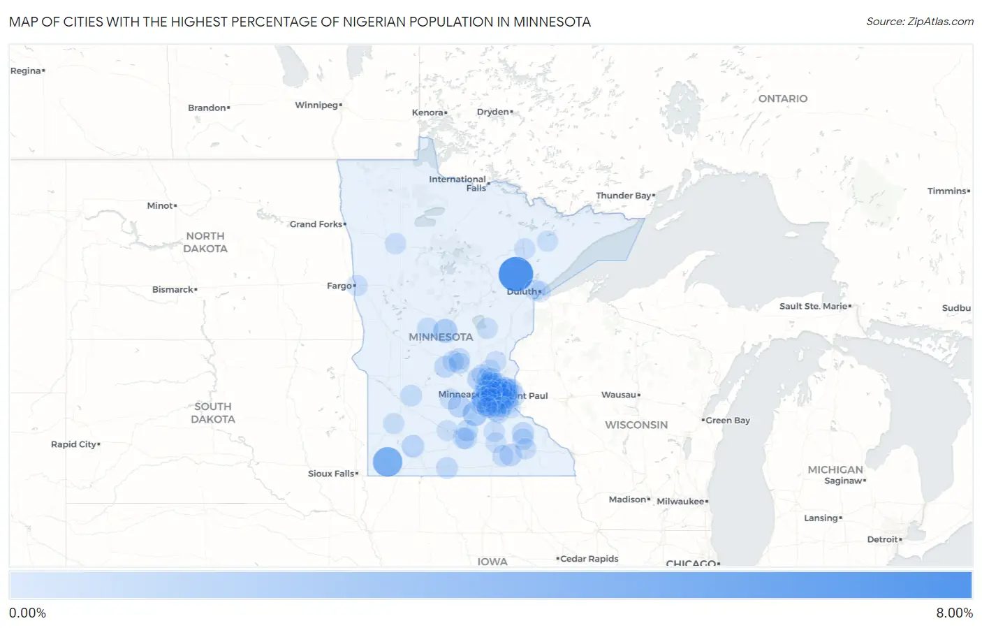 Cities with the Highest Percentage of Nigerian Population in Minnesota Map