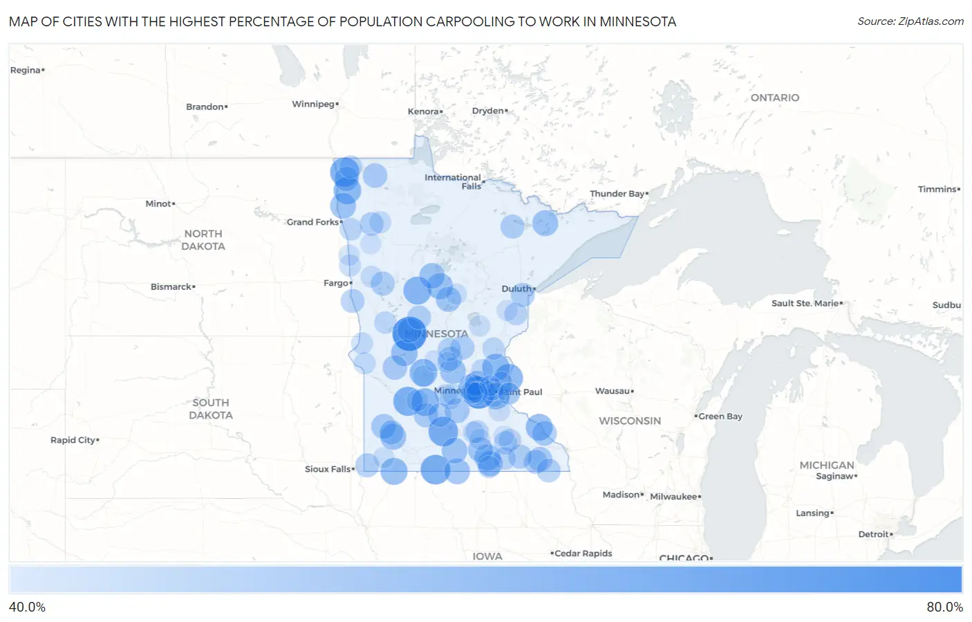 Cities with the Highest Percentage of Population Carpooling to Work in Minnesota Map