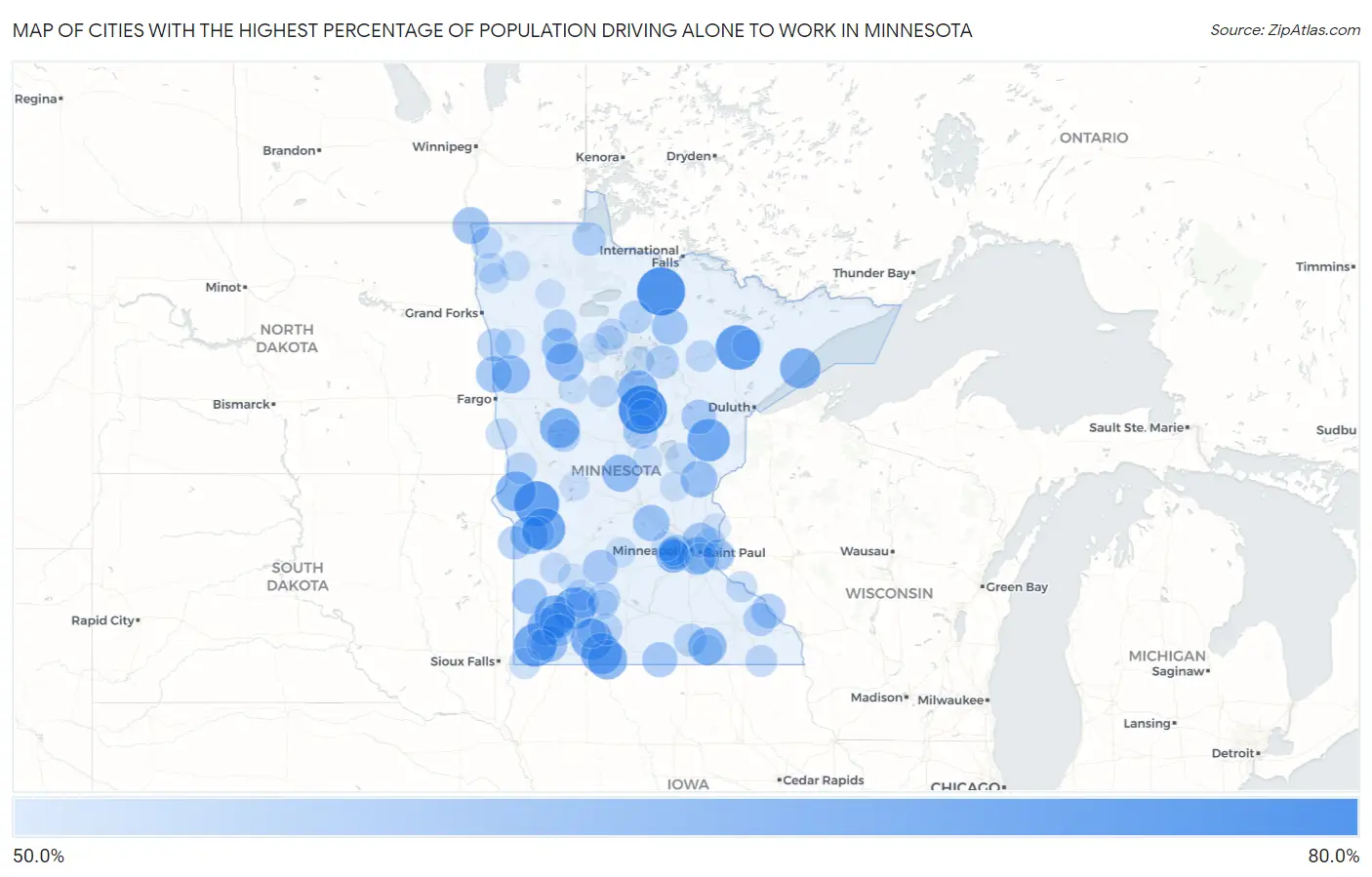 Cities with the Highest Percentage of Population Driving Alone to Work in Minnesota Map