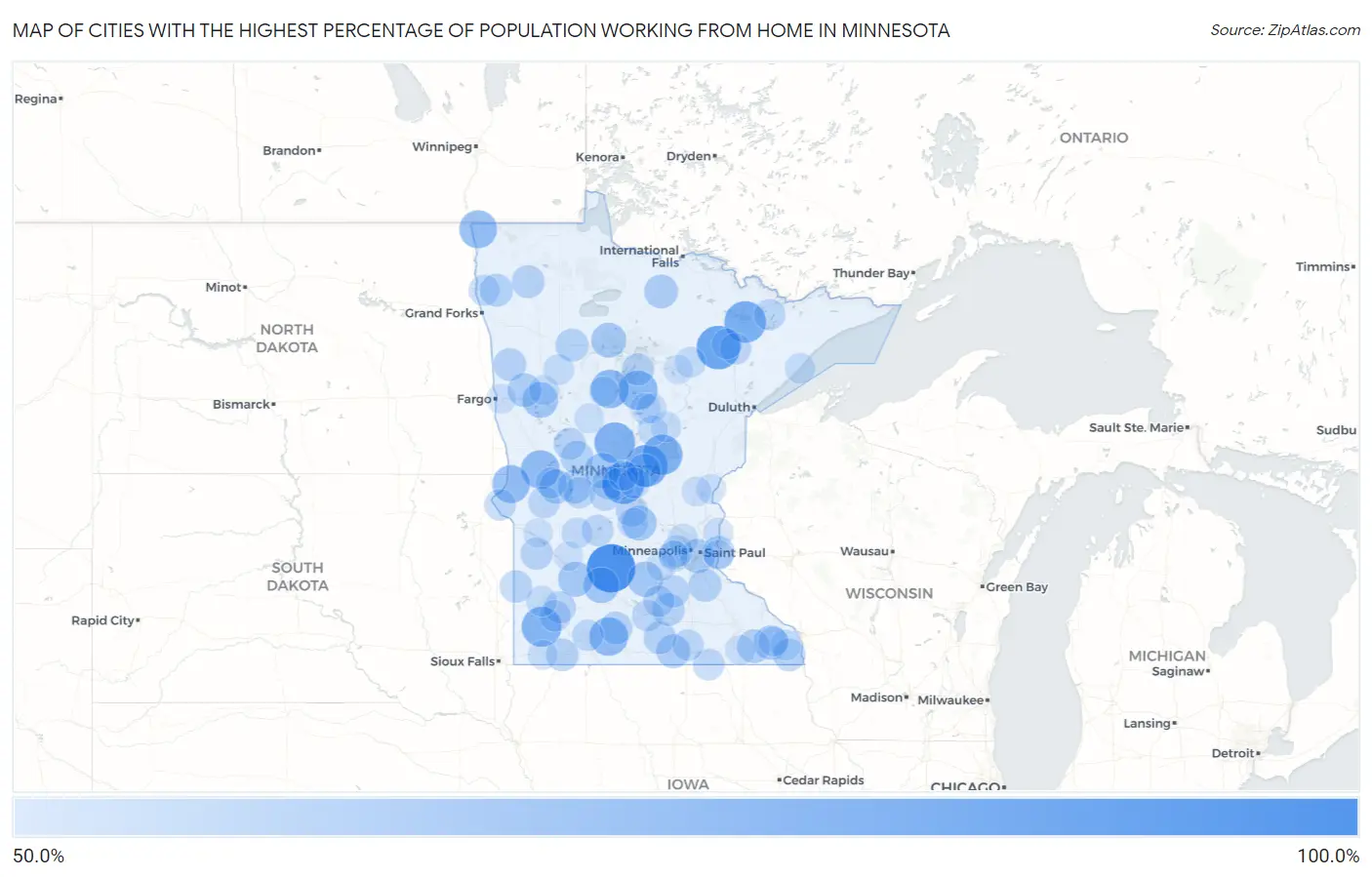 Cities with the Highest Percentage of Population Working from Home in Minnesota Map