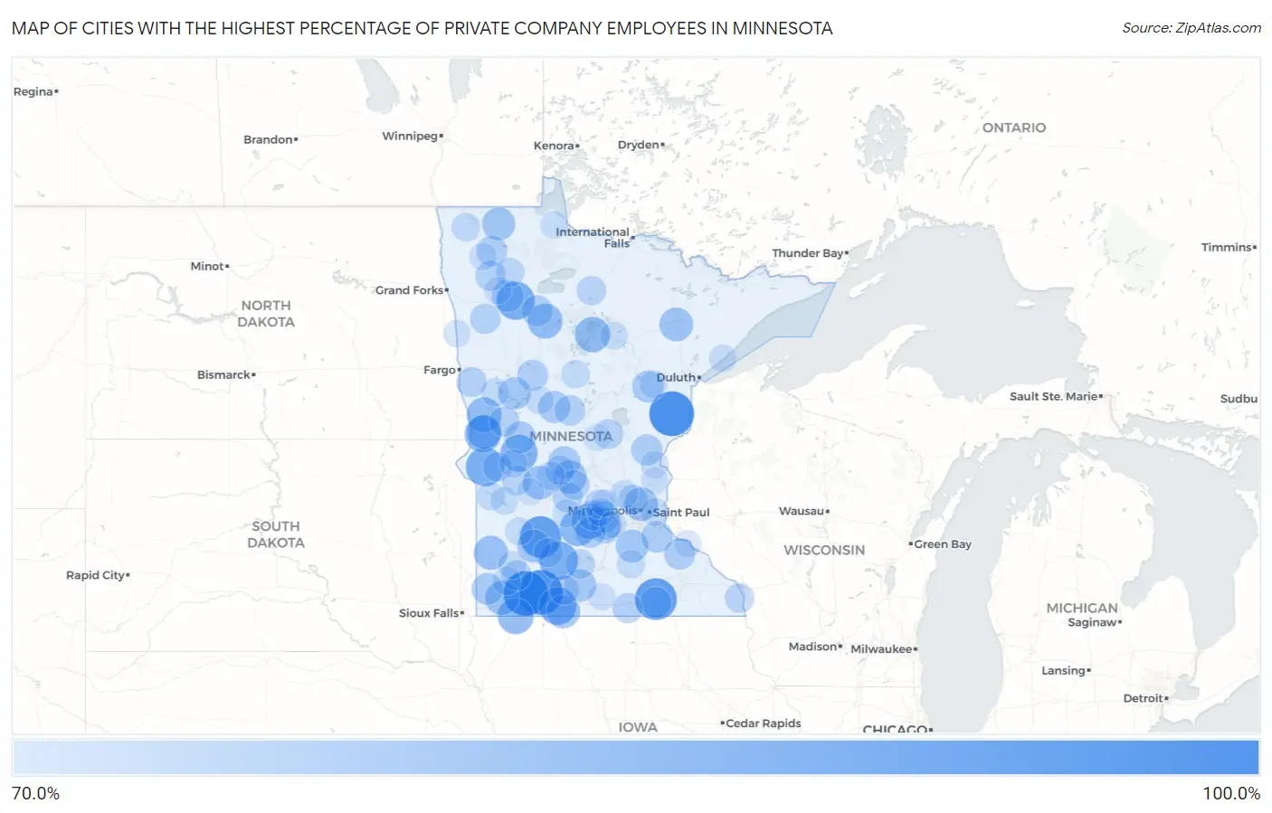 Cities with the Highest Percentage of Private Company Employees in Minnesota Map