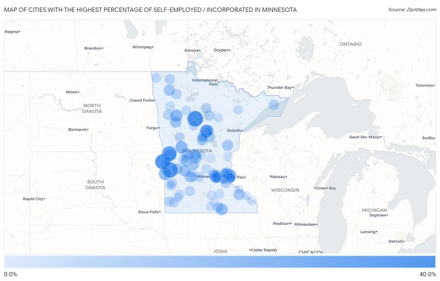 Cities with the Highest Percentage of Self-Employed / Incorporated in Minnesota Map