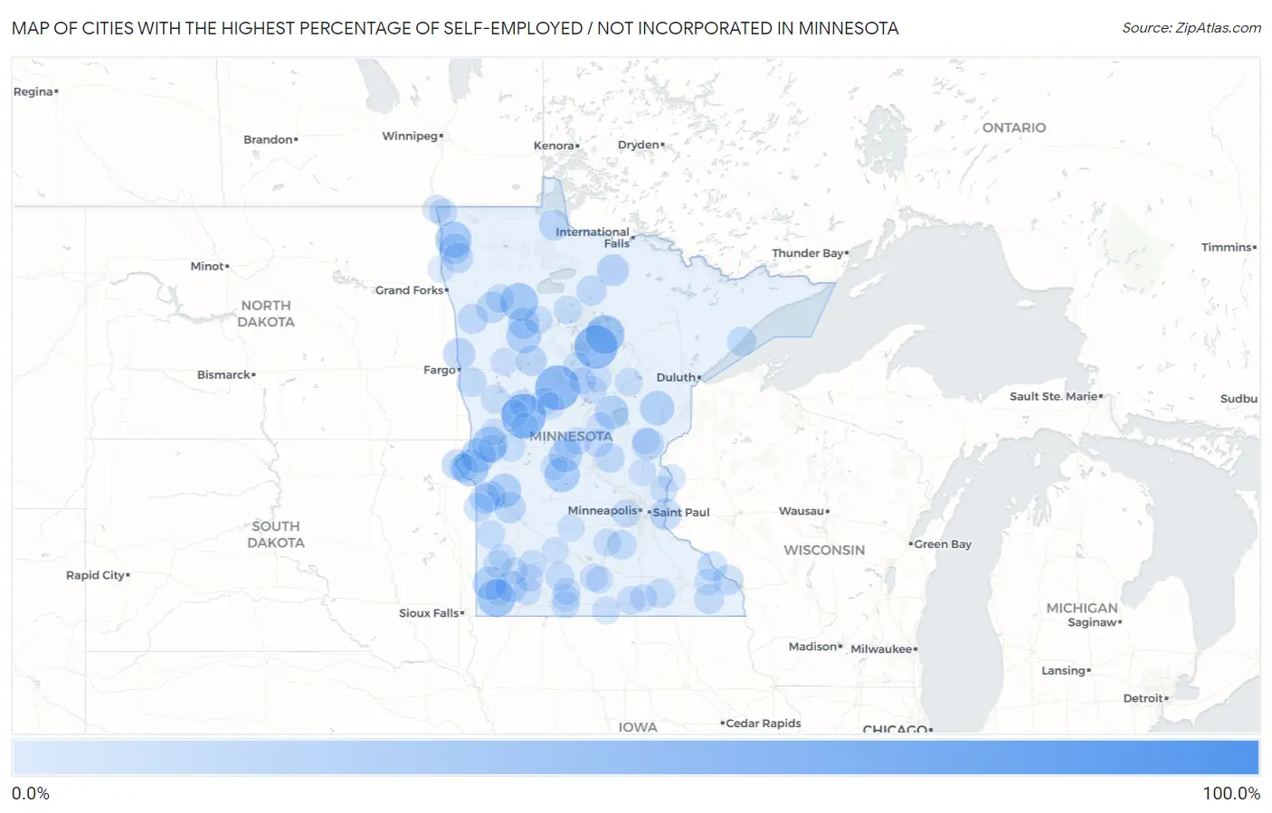 Cities with the Highest Percentage of Self-Employed / Not Incorporated in Minnesota Map