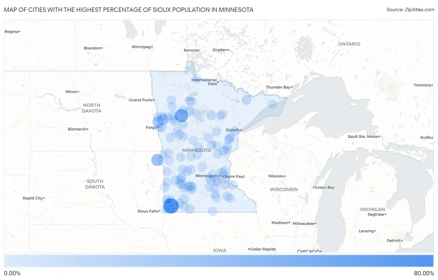 Cities with the Highest Percentage of Sioux Population in Minnesota Map