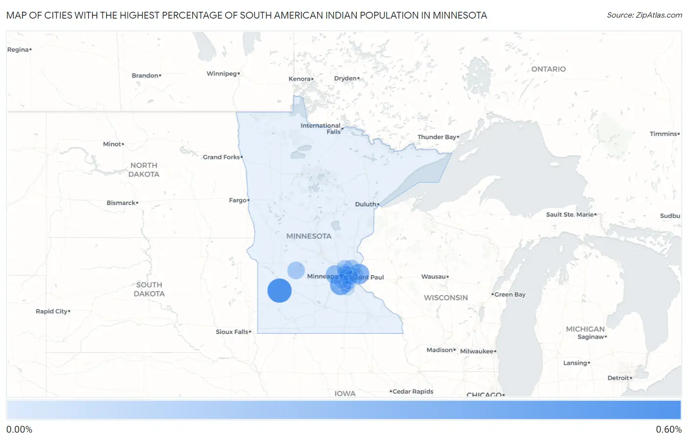 Cities with the Highest Percentage of South American Indian Population in Minnesota Map